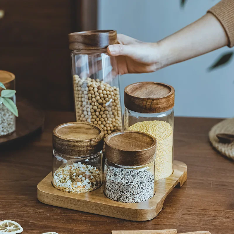 Food Storage Kitchen Container Set - وعاء زجاجي بغطاء خشبي ، علبة